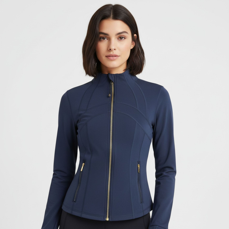 Moteriška jogos ir fitneso striukė, siauras siluetas, Nylon-Spandex audinys, apvalus kaklas, ilgomis rankovėmis, itin lengva