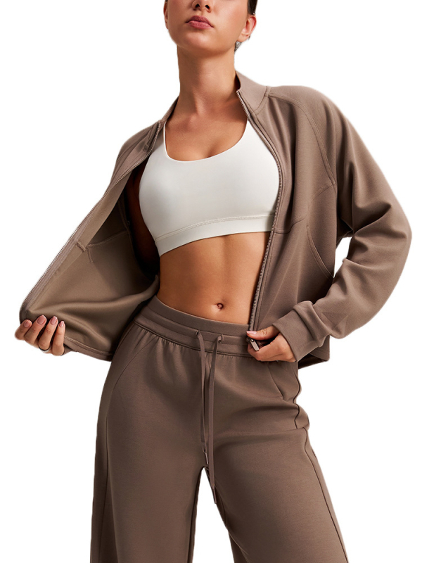 Moteriška sportinė išorinė striukė su aukšta apykakle, ilgomis rankovėmis, siaura silueta, didelė kišenė, rudens kasdienis stilius