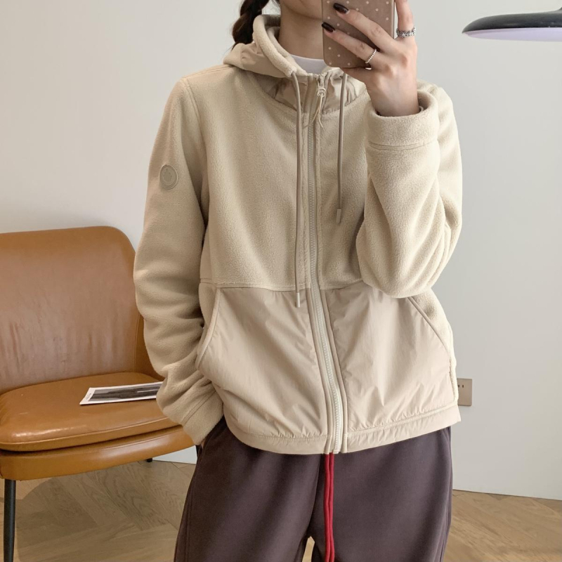 Ženski patchwork fleece jakna s kapuljom (Srednja debljina, Regularna duljina, Dugi rukavi, Kapuljača, Jedan gumb)