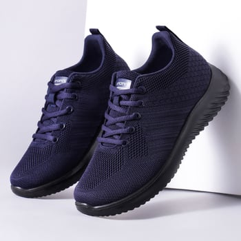 Pantofi sport pentru bărbați, talpă din poliuretan ușoară, partea superioară respirabilă fly-knit, închidere cu șireturi, vârf rotund, toc mic (1–3 cm)