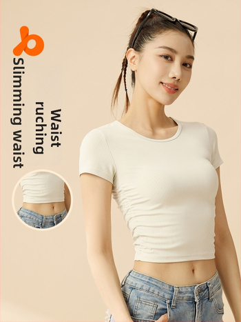 Moteriški dryžuoti sportiniai marškinėliai su trumpomis rankovėmis — drėgmės valdymas, poliesterio + spandekso mišinys (82,5% poliesteris, 17,5% spandeksas), pavasaris 2025