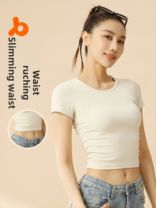 Moteriški dryžuoti sportiniai marškinėliai su trumpomis rankovėmis — drėgmės valdymas, poliesterio + spandekso mišinys (82,5% poliesteris, 17,5% spandeksas), pavasaris 2025