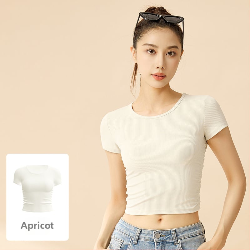 Moteriški dryžuoti sportiniai marškinėliai su trumpomis rankovėmis — drėgmės valdymas, poliesterio + spandekso mišinys (82,5% poliesteris, 17,5% spandeksas), pavasaris 2025