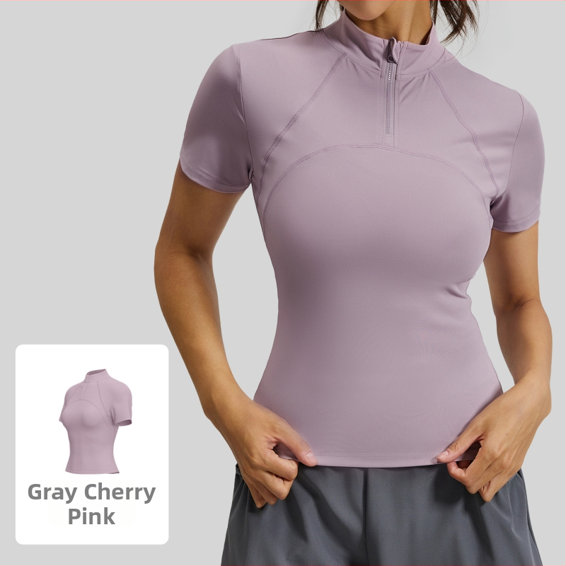 Moteriški trumpi rankovių sportiniai marškinėliai su puse užtrauktuku - liesas siluetas, didelis elastingumas, audinys poliesteris + elastanas 88%/12%, skirta bėgimui, fitnesui ir jogai