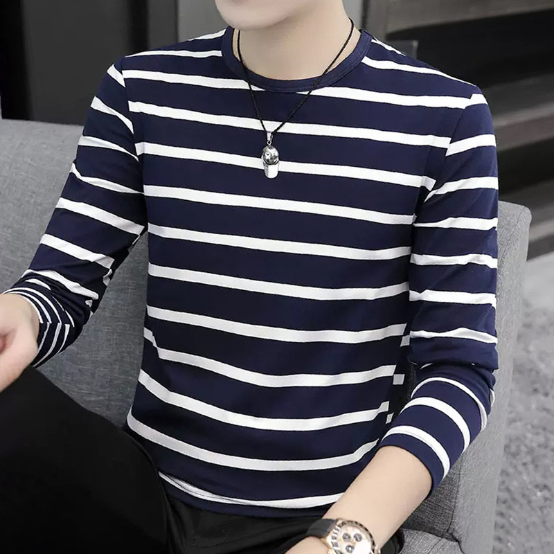 Ανδρικό T-shirt με μακριά μανίκια, ριγέ, στρογγυλός λαιμός, στενή γραμμή, λεπτό πολυεστερικό ύφασμα, φθινόπωρο-χειμώνας