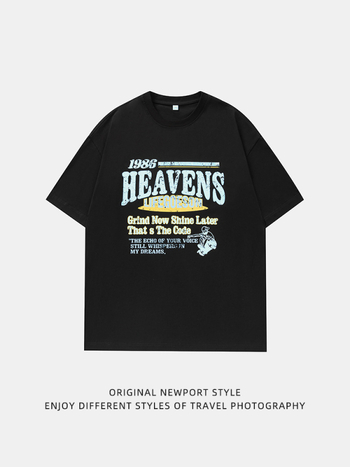 Μπλούζα T-shirt από 100% βαμβάκι με εκτύπωση γραμμάτων, φαρδιά γραμμή, στρογγυλή λαιμόκοψη, κοντά μανίκια, στυλ street-trend, καλοκαίρι