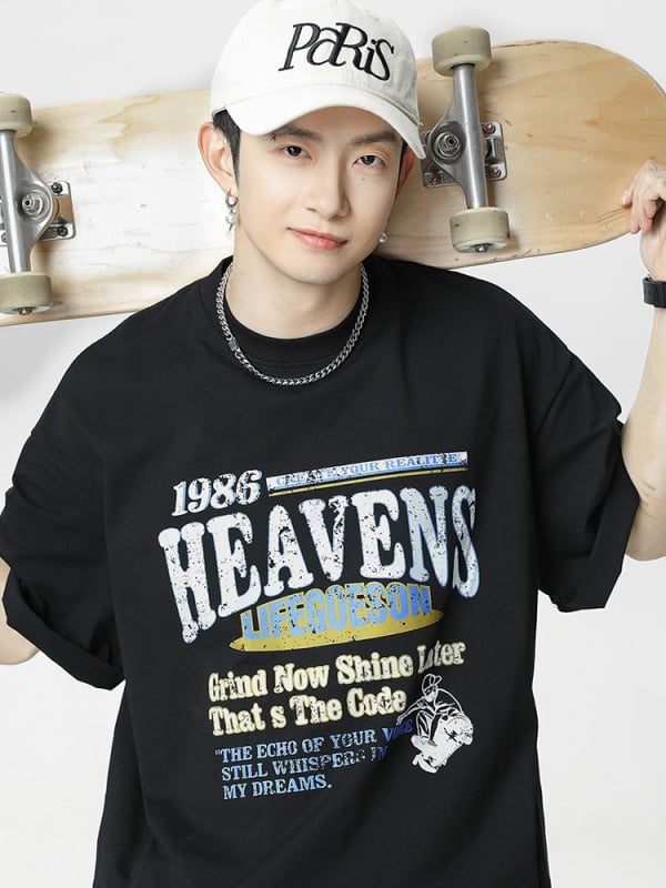 Μπλούζα T-shirt από 100% βαμβάκι με εκτύπωση γραμμάτων, φαρδιά γραμμή, στρογγυλή λαιμόκοψη, κοντά μανίκια, στυλ street-trend, καλοκαίρι