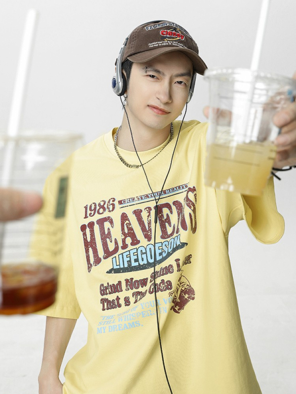 Μπλούζα T-shirt από 100% βαμβάκι με εκτύπωση γραμμάτων, φαρδιά γραμμή, στρογγυλή λαιμόκοψη, κοντά μανίκια, στυλ street-trend, καλοκαίρι