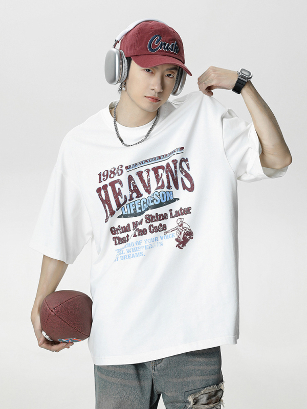 Μπλούζα T-shirt από 100% βαμβάκι με εκτύπωση γραμμάτων, φαρδιά γραμμή, στρογγυλή λαιμόκοψη, κοντά μανίκια, στυλ street-trend, καλοκαίρι