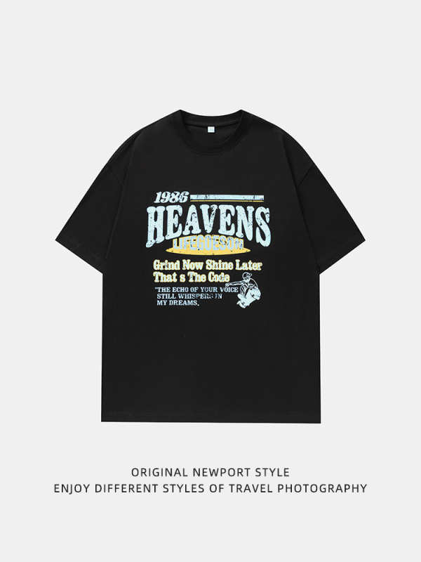 Μπλούζα T-shirt από 100% βαμβάκι με εκτύπωση γραμμάτων, φαρδιά γραμμή, στρογγυλή λαιμόκοψη, κοντά μανίκια, στυλ street-trend, καλοκαίρι