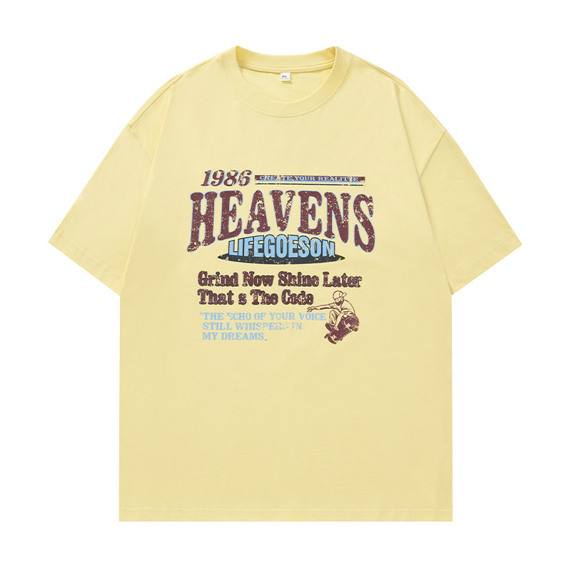 Μπλούζα T-shirt από 100% βαμβάκι με εκτύπωση γραμμάτων, φαρδιά γραμμή, στρογγυλή λαιμόκοψη, κοντά μανίκια, στυλ street-trend, καλοκαίρι