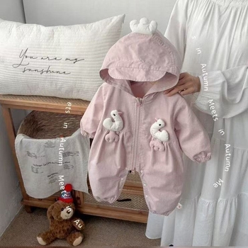 Jednodelni romper s kapuljom za bebe, korejskog stila; vanjski 100% poliester, unutarnji 100% pamuk; zatvarač; proljeće/jesen
