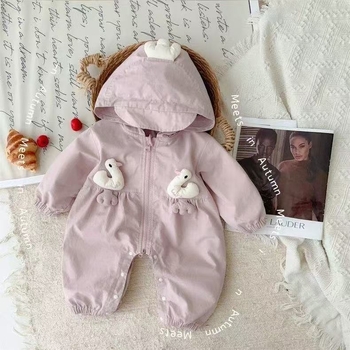 Jednodelni romper s kapuljom za bebe, korejskog stila; vanjski 100% poliester, unutarnji 100% pamuk; zatvarač; proljeće/jesen