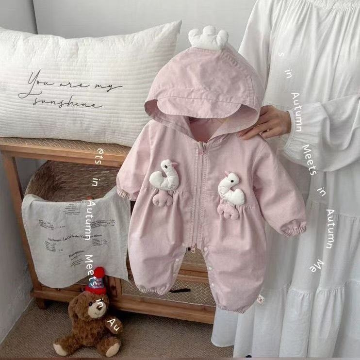 Jednodelni romper s kapuljom za bebe, korejskog stila; vanjski 100% poliester, unutarnji 100% pamuk; zatvarač; proljeće/jesen