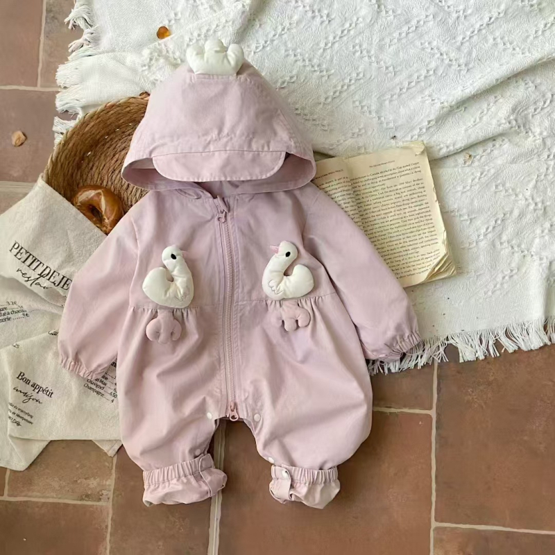 Jednodelni romper s kapuljom za bebe, korejskog stila; vanjski 100% poliester, unutarnji 100% pamuk; zatvarač; proljeće/jesen