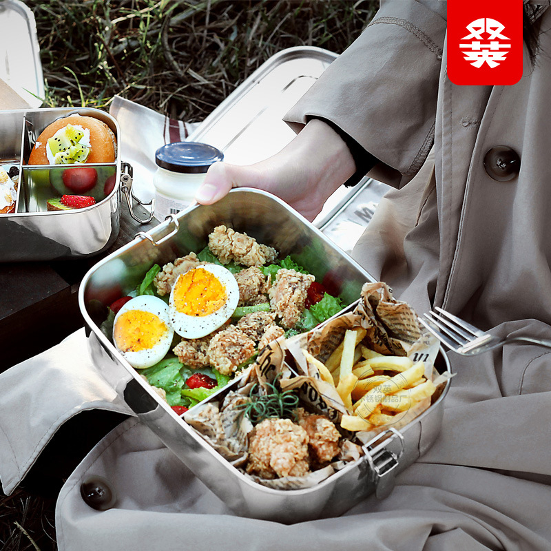 Kutija za obrok od 304 nehrđajućeg čelika, pravokutna, 3 pretinca, vodonepropusna s dvostrukim zatvaračem, jednoslojna.