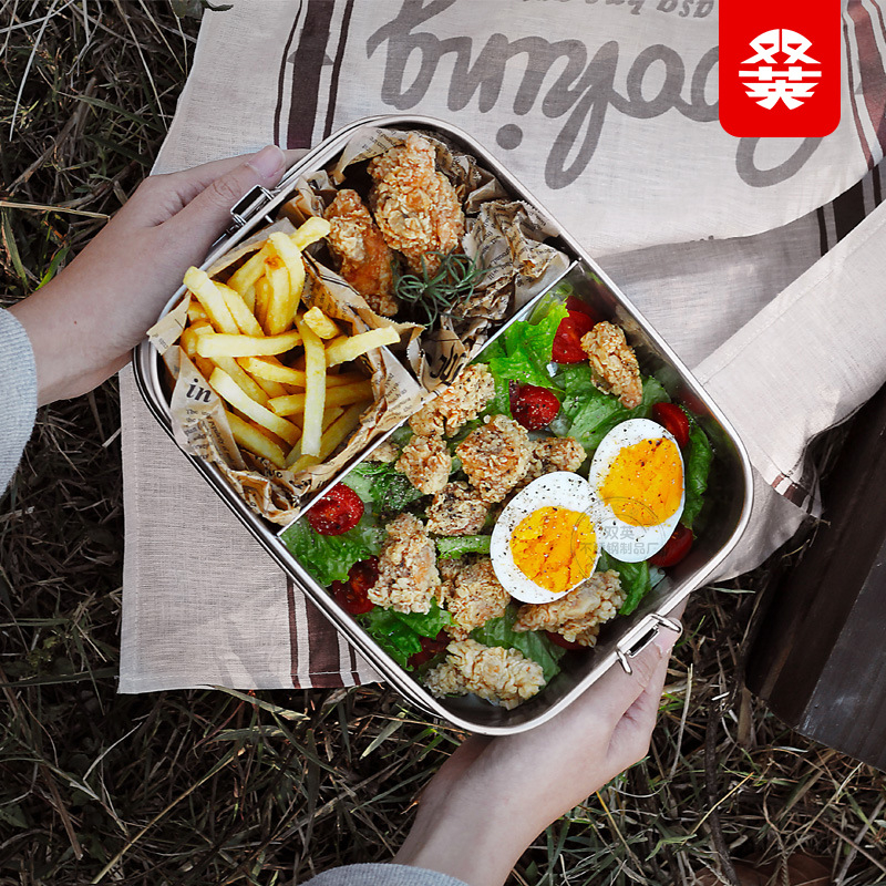 Kutija za obrok od 304 nehrđajućeg čelika, pravokutna, 3 pretinca, vodonepropusna s dvostrukim zatvaračem, jednoslojna.