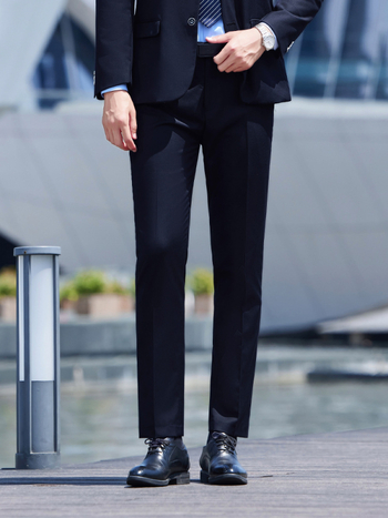 Üzleti nadrág, lazán szabott, négy évszakos poliészter-spandex keverék, egyenes szabás, férfiaknak