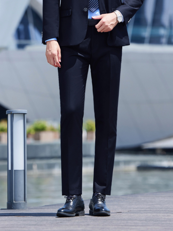 Üzleti nadrág, lazán szabott, négy évszakos poliészter-spandex keverék, egyenes szabás, férfiaknak