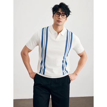 Πόλο πουκάμισο με V-λαιμό, κοντά μανίκια, κάθετες ρίγες, στενή γραμμή (slim fit), αναπνεύσιμο ύφασμα Ice Silk.