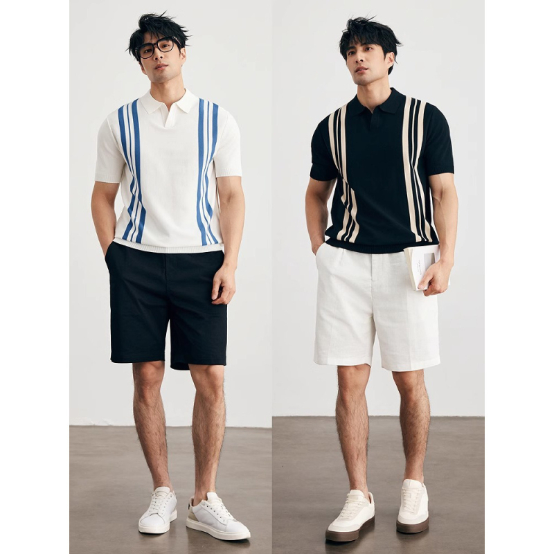 Πόλο πουκάμισο με V-λαιμό, κοντά μανίκια, κάθετες ρίγες, στενή γραμμή (slim fit), αναπνεύσιμο ύφασμα Ice Silk.