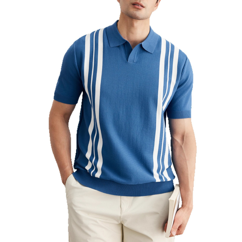 Πόλο πουκάμισο με V-λαιμό, κοντά μανίκια, κάθετες ρίγες, στενή γραμμή (slim fit), αναπνεύσιμο ύφασμα Ice Silk.