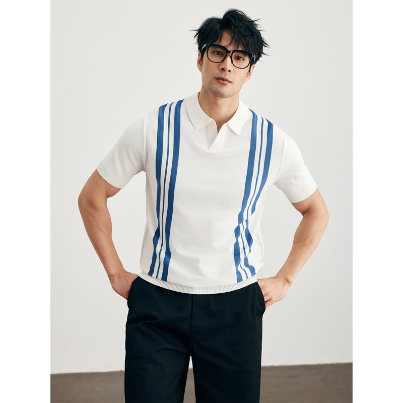 Πόλο πουκάμισο με V-λαιμό, κοντά μανίκια, κάθετες ρίγες, στενή γραμμή (slim fit), αναπνεύσιμο ύφασμα Ice Silk.