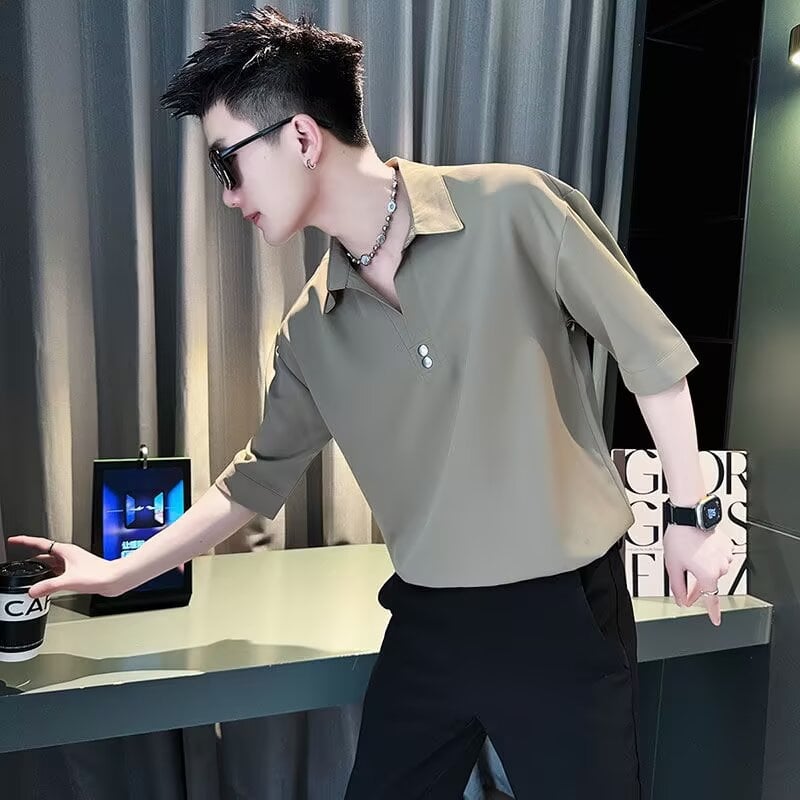 Πόλο πουκάμισο, κορεατικό στυλ, ύφασμα ice silk, χαλαρή γραμμή, μανίκια 3/4