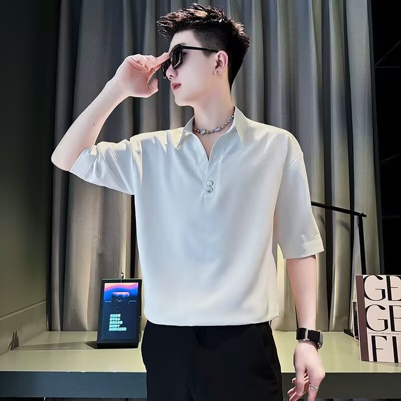 Πόλο πουκάμισο, κορεατικό στυλ, ύφασμα ice silk, χαλαρή γραμμή, μανίκια 3/4