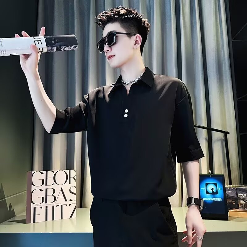 Πόλο πουκάμισο, κορεατικό στυλ, ύφασμα ice silk, χαλαρή γραμμή, μανίκια 3/4