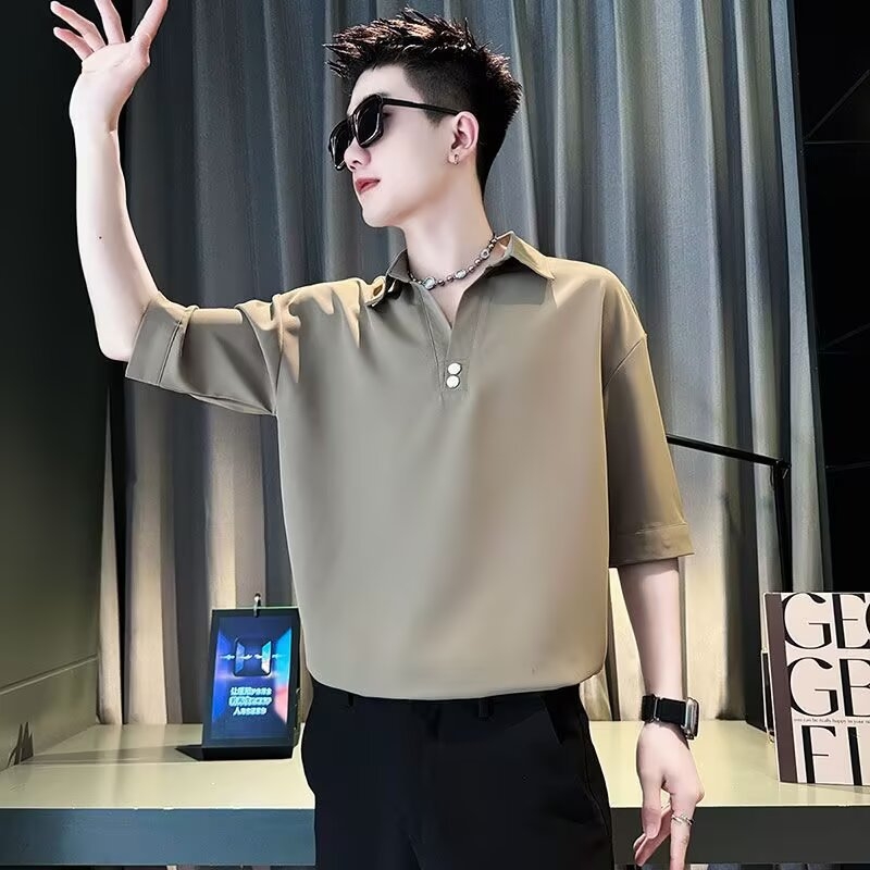 Πόλο πουκάμισο, κορεατικό στυλ, ύφασμα ice silk, χαλαρή γραμμή, μανίκια 3/4