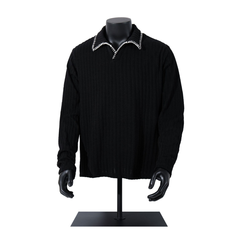 Jakoo polo πουκάμισο με μακριά μανίκια, άνετη γραμμή, ριγέ τζακάρντ, λεπτομέρεια κολλάζ, ύφασμα από βαμβακόμιγμα