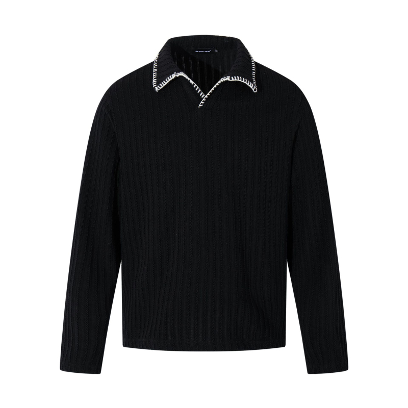 Jakoo polo πουκάμισο με μακριά μανίκια, άνετη γραμμή, ριγέ τζακάρντ, λεπτομέρεια κολλάζ, ύφασμα από βαμβακόμιγμα