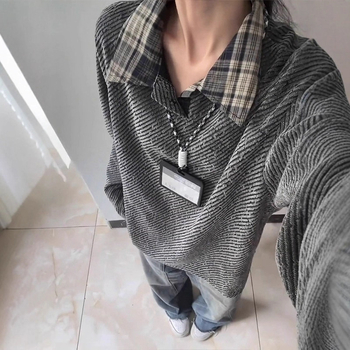 Ανδρικό polo πουκάμισο, με αμερικανικό στυλ, μακριά μανίκια, χαλαρή γραμμή, σχέδιο πλέγματος, πολυεστερική ανάμιξη