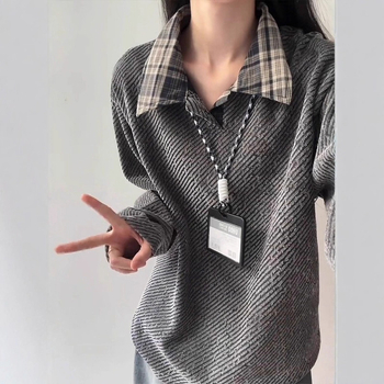 Ανδρικό polo πουκάμισο, με αμερικανικό στυλ, μακριά μανίκια, χαλαρή γραμμή, σχέδιο πλέγματος, πολυεστερική ανάμιξη