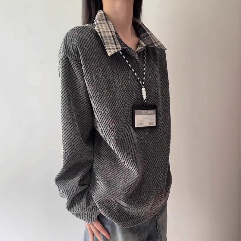 Ανδρικό polo πουκάμισο, με αμερικανικό στυλ, μακριά μανίκια, χαλαρή γραμμή, σχέδιο πλέγματος, πολυεστερική ανάμιξη