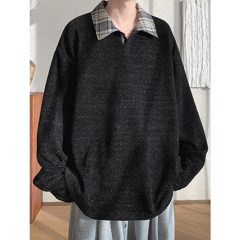 Ανδρικό polo πουκάμισο, με αμερικανικό στυλ, μακριά μανίκια, χαλαρή γραμμή, σχέδιο πλέγματος, πολυεστερική ανάμιξη