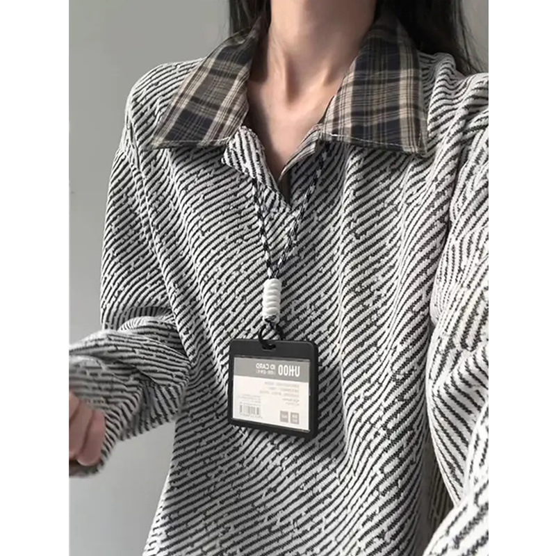 Ανδρικό polo πουκάμισο, με αμερικανικό στυλ, μακριά μανίκια, χαλαρή γραμμή, σχέδιο πλέγματος, πολυεστερική ανάμιξη