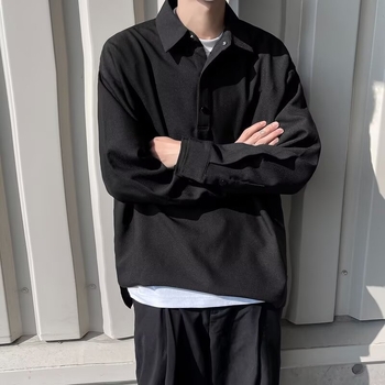 Πόλο πουκάμισο, κορεατικής έκδοσης, μακριά μανίκια, φαρδιά γραμμή, φερμουάρ λεπτομέρεια