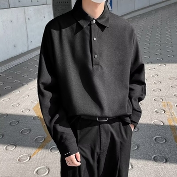 Πόλο πουκάμισο, κορεατικής έκδοσης, μακριά μανίκια, φαρδιά γραμμή, φερμουάρ λεπτομέρεια