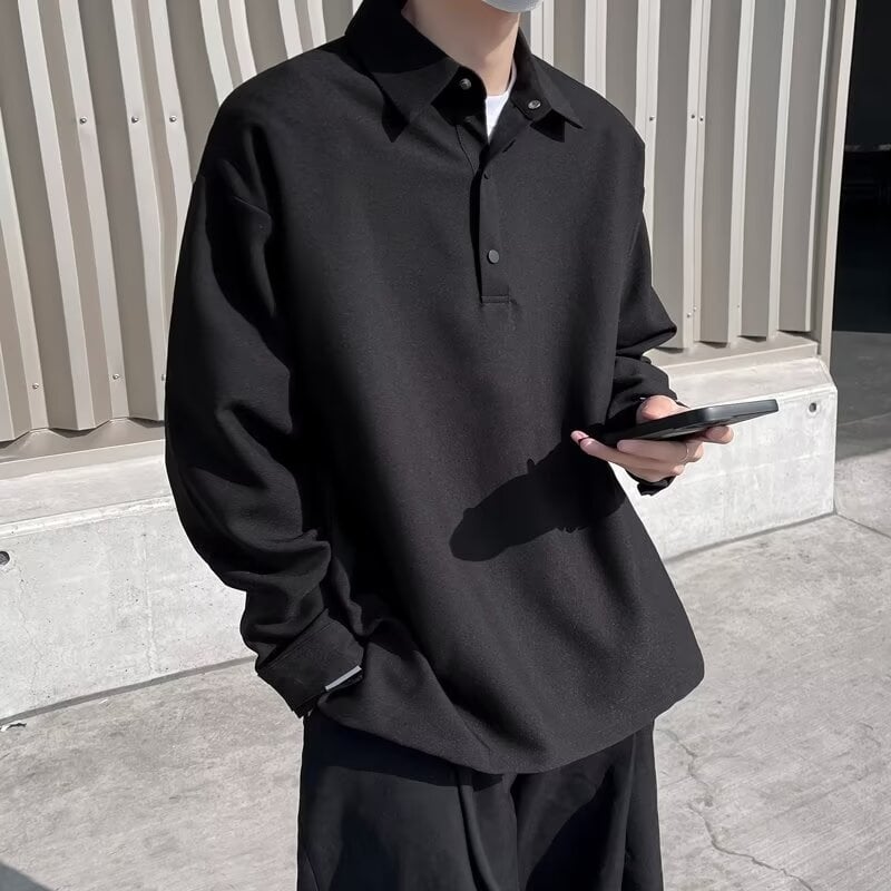 Πόλο πουκάμισο, κορεατικής έκδοσης, μακριά μανίκια, φαρδιά γραμμή, φερμουάρ λεπτομέρεια