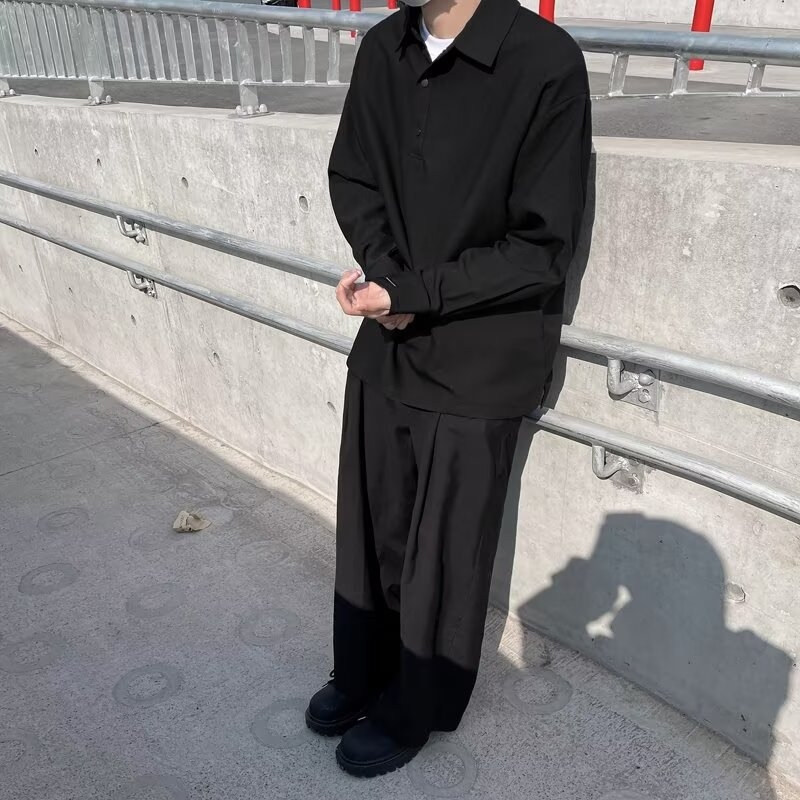 Πόλο πουκάμισο, κορεατικής έκδοσης, μακριά μανίκια, φαρδιά γραμμή, φερμουάρ λεπτομέρεια