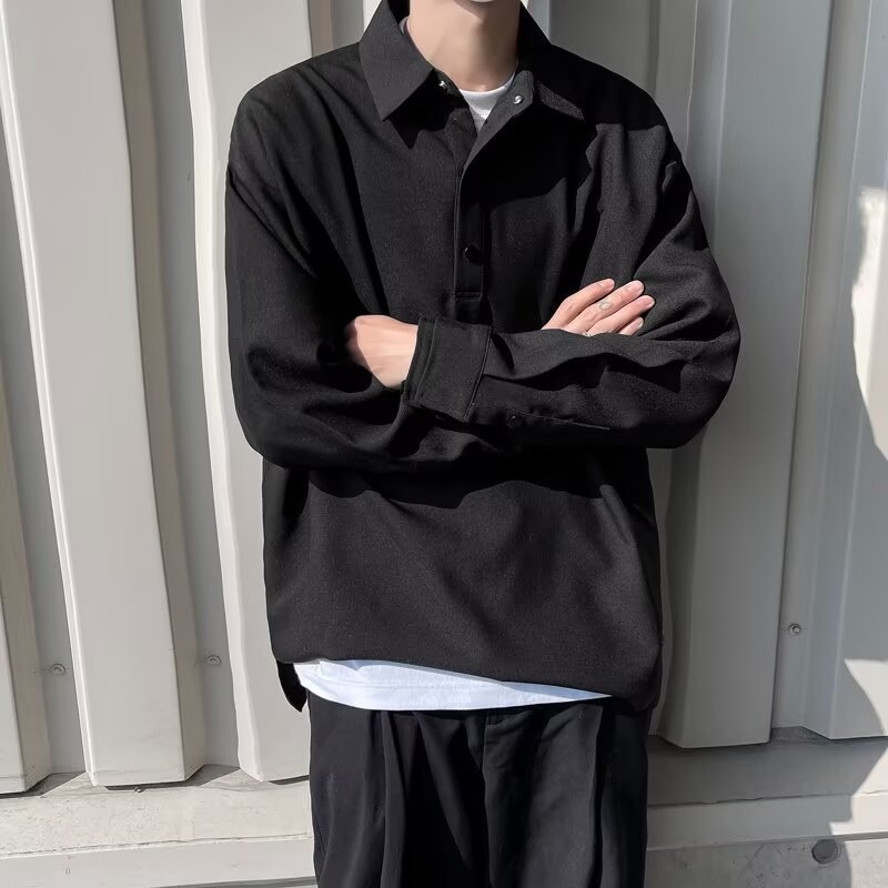 Πόλο πουκάμισο, κορεατικής έκδοσης, μακριά μανίκια, φαρδιά γραμμή, φερμουάρ λεπτομέρεια