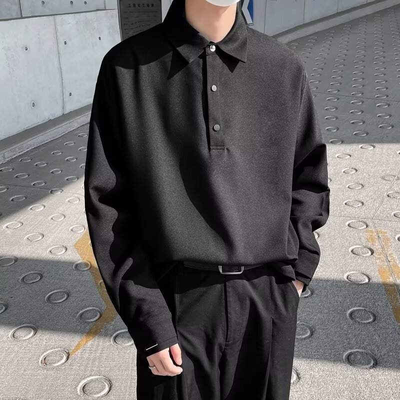 Πόλο πουκάμισο, κορεατικής έκδοσης, μακριά μανίκια, φαρδιά γραμμή, φερμουάρ λεπτομέρεια
