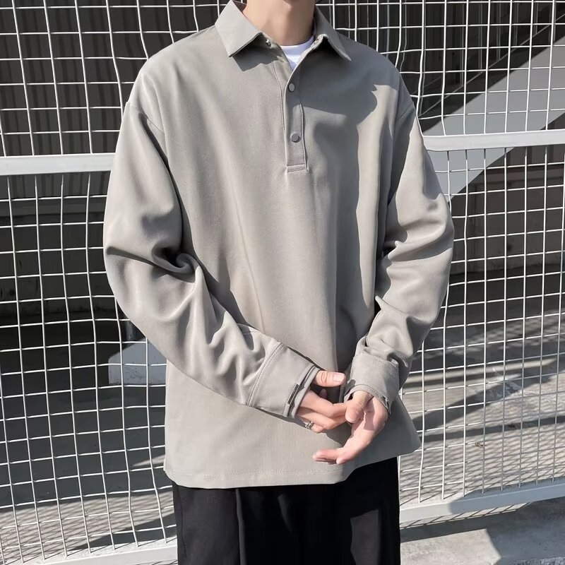 Πόλο πουκάμισο, κορεατικής έκδοσης, μακριά μανίκια, φαρδιά γραμμή, φερμουάρ λεπτομέρεια