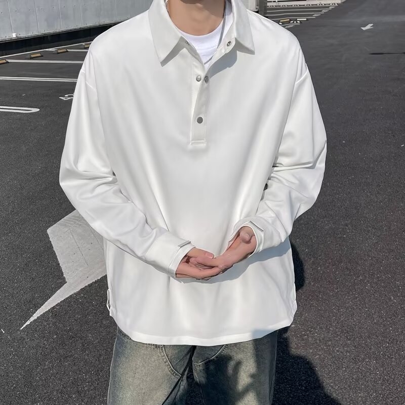 Πόλο πουκάμισο, κορεατικής έκδοσης, μακριά μανίκια, φαρδιά γραμμή, φερμουάρ λεπτομέρεια