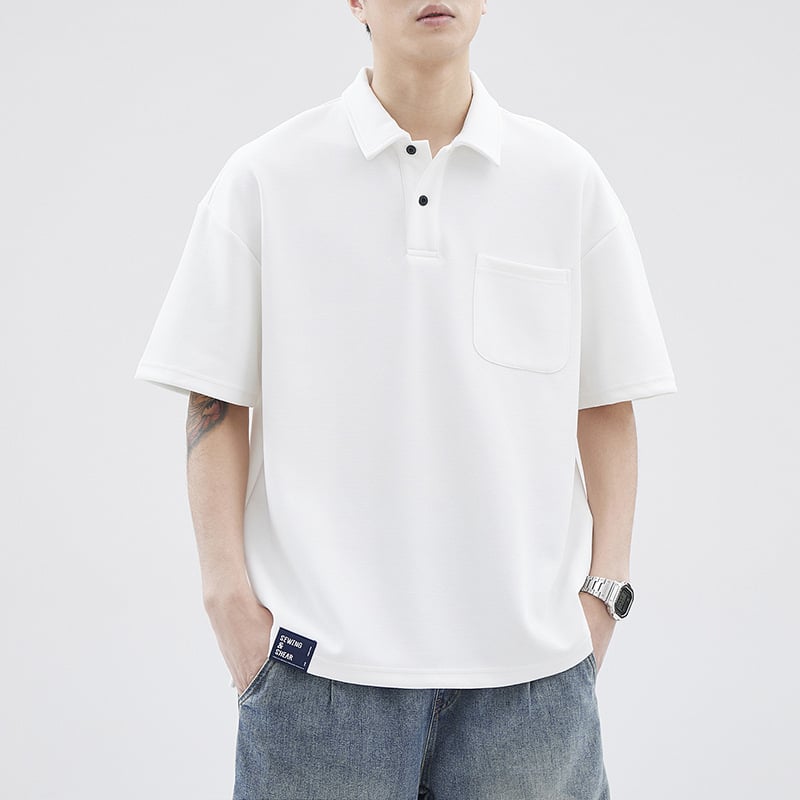 Ανδρικό πόλο με κοντά μανίκια, χαλαρή γραμμή, ύφασμα Power Cotton, διαπνέον και ανθεκτικό, λεπτομέρεια ραφής