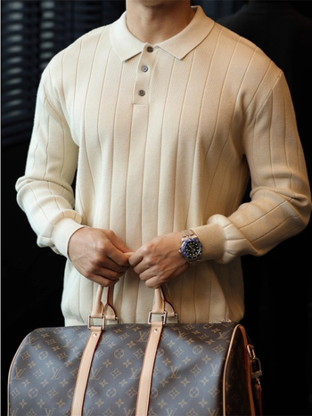 Πλεκτό πόλο πουκάμισο με μακριά μανίκια για άνδρες, ιαπωνικό ρετρό στυλ, χαλαρή γραμμή, μονόχρωμο, διακοσμητικό φερμουάρ