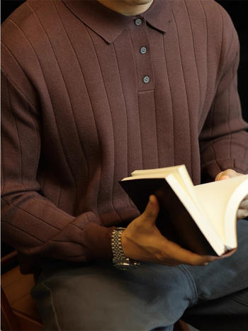 Πλεκτό πόλο πουκάμισο με μακριά μανίκια για άνδρες, ιαπωνικό ρετρό στυλ, χαλαρή γραμμή, μονόχρωμο, διακοσμητικό φερμουάρ