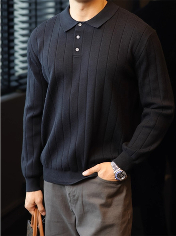 Πλεκτό πόλο πουκάμισο με μακριά μανίκια για άνδρες, ιαπωνικό ρετρό στυλ, χαλαρή γραμμή, μονόχρωμο, διακοσμητικό φερμουάρ